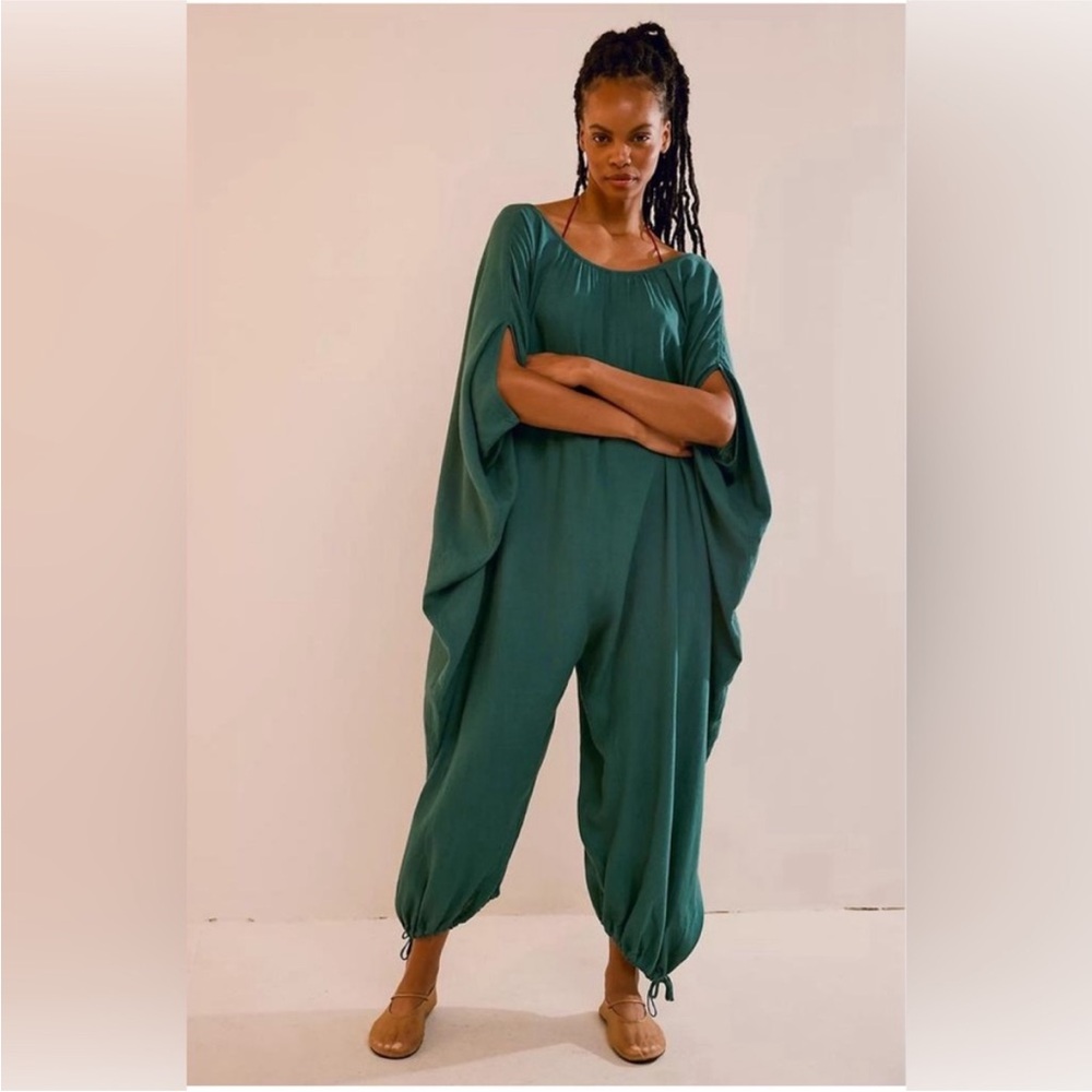 Free People Emerald Green Jumpsuit with Cape Sleeves NWOT